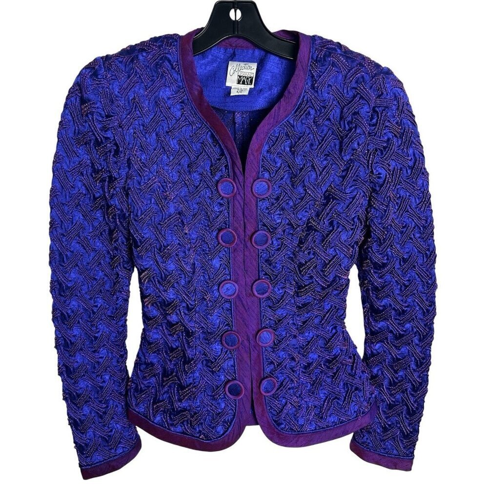 VTG Jeanne Marc Jacket XS 4/6 Purple Blue Ribbon Basket Weave Quilted